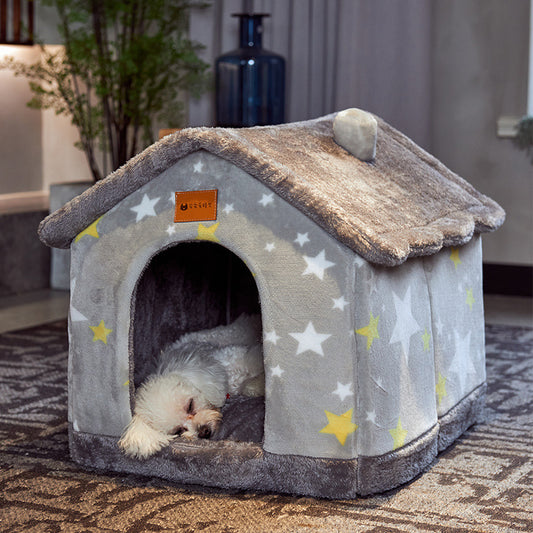 Foldable Pet House – Warm Enclosed Dog & Cat Bed with Removable Cushion