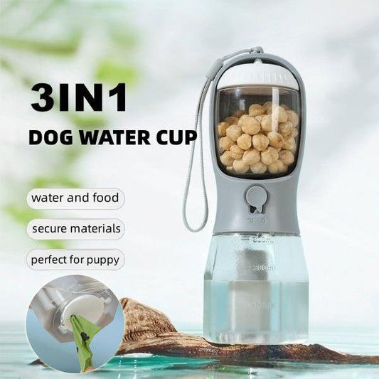 Portable Dog Water Cup – 3-in-1 Pet Travel Bottle with Food Storage & Waste Bags