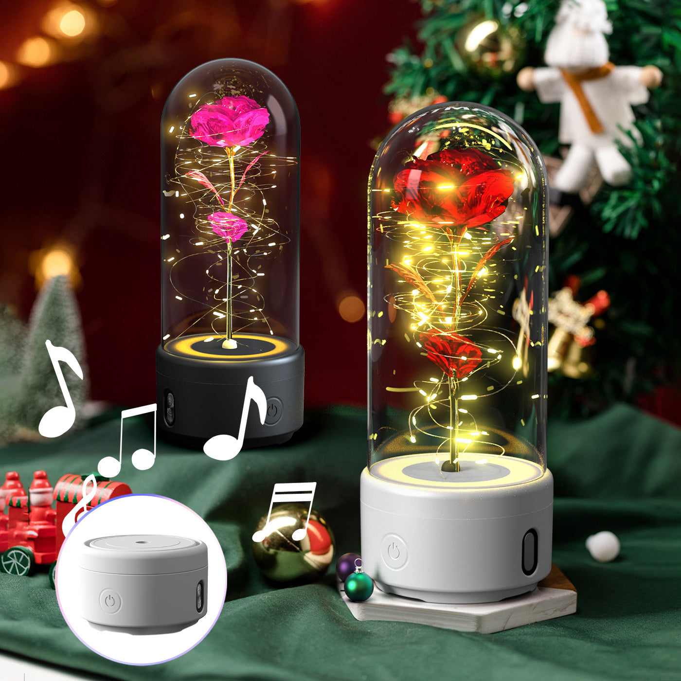 2-in-1 Rose LED Light & Bluetooth Speaker – Romantic Glass-Cover Gift Ornament