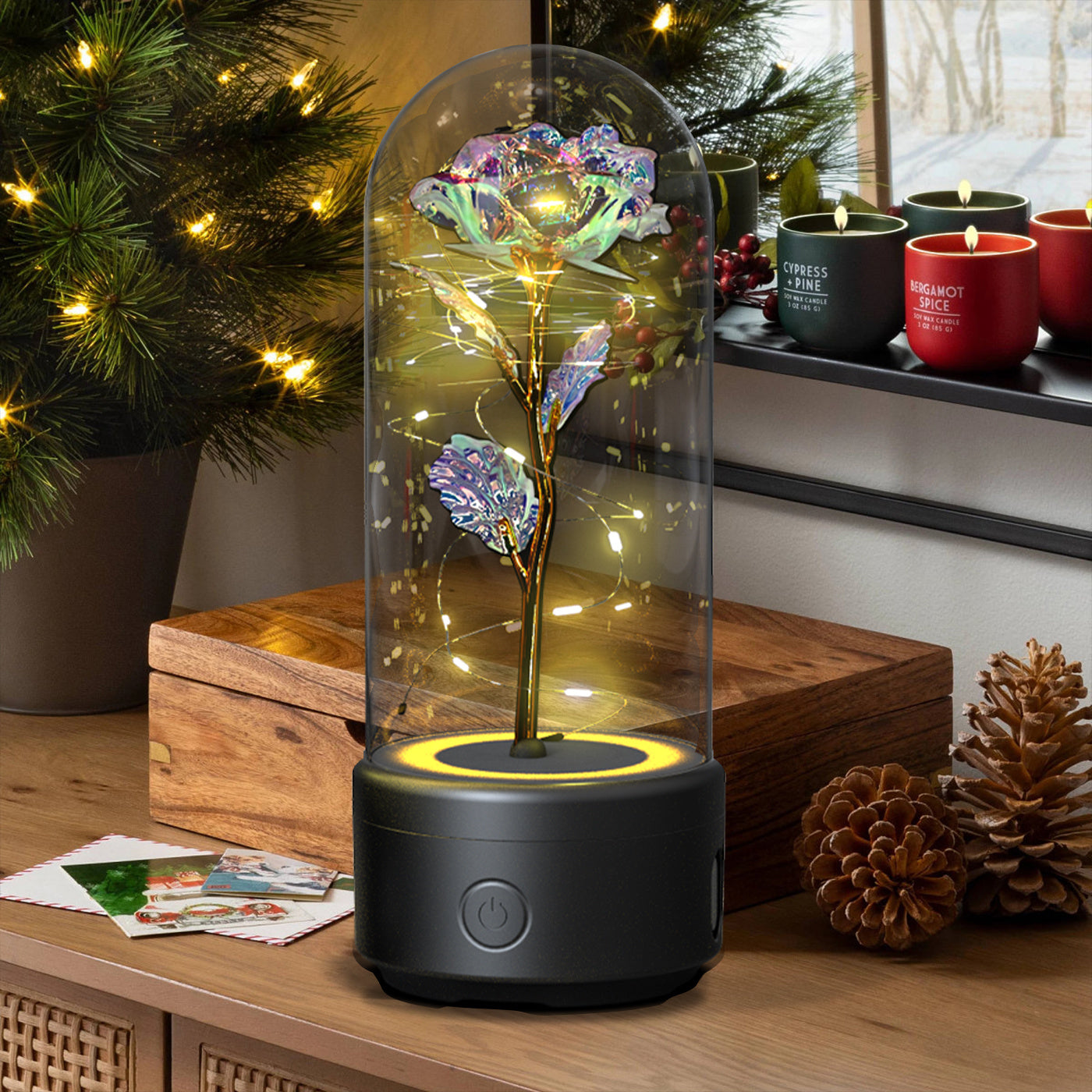 2-in-1 Rose LED Light & Bluetooth Speaker – Romantic Glass-Cover Gift Ornament