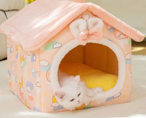 Foldable Pet House – Warm Enclosed Dog & Cat Bed with Removable Cushion