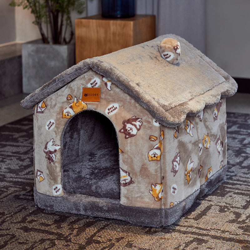 Foldable Pet House – Warm Enclosed Dog & Cat Bed with Removable Cushion