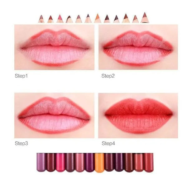 12-Piece Waterproof Lip Liner & Matte Lipstick Pencil Set – Long-Lasting Lip Kit for Women