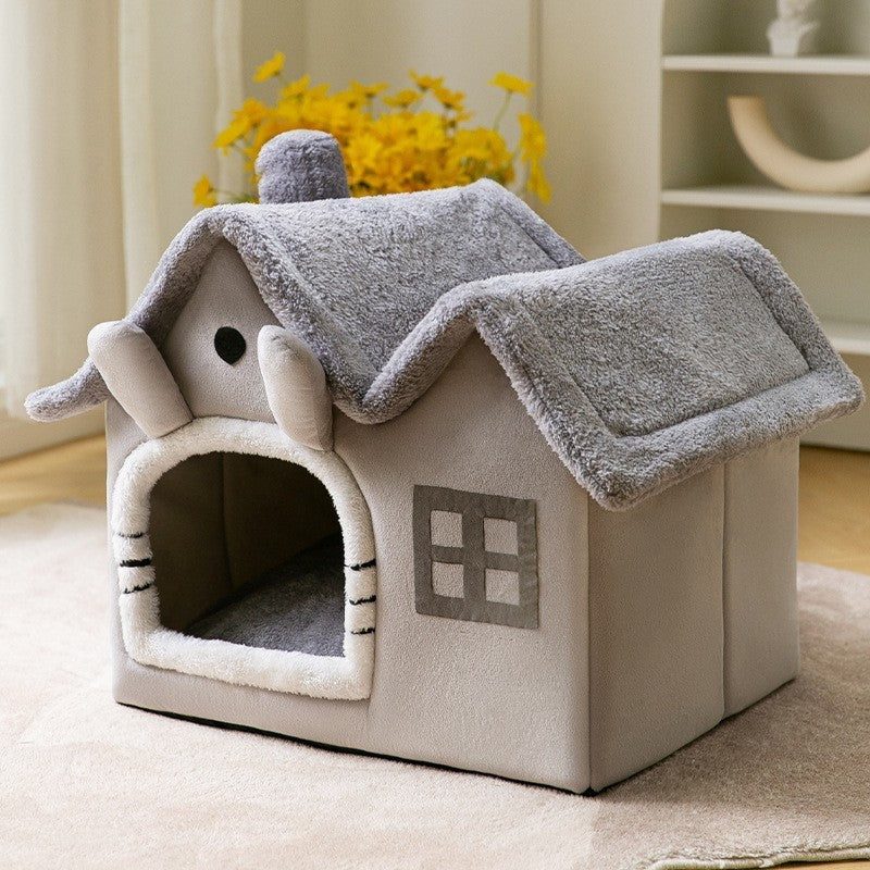 Foldable Pet House – Warm Enclosed Dog & Cat Bed with Removable Cushion