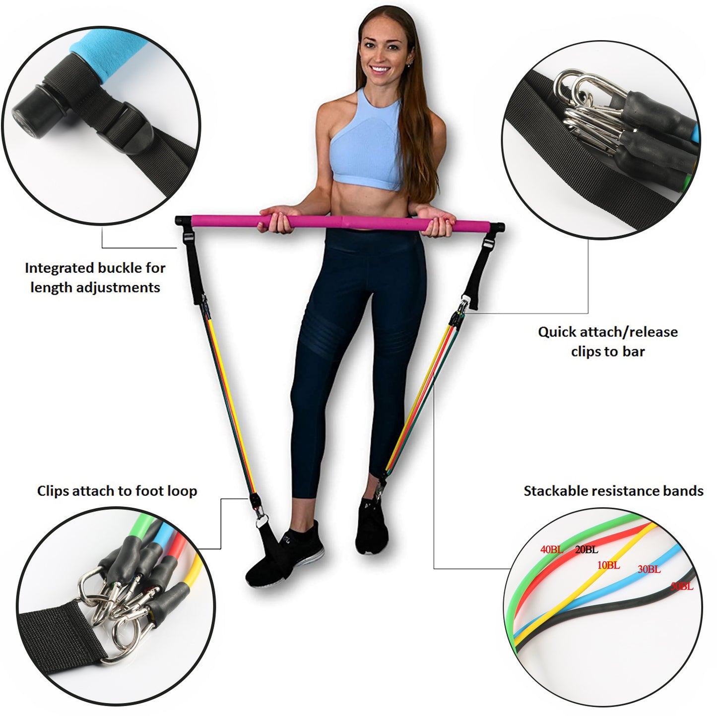 Portable Pilates Bar Kit – Fitness Yoga Resistance Bands for Home Workout Training