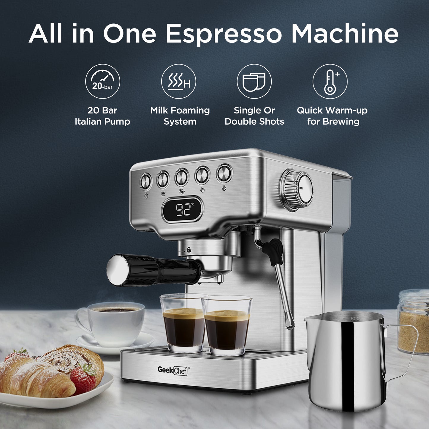 20-Bar Espresso Machine with Milk Frother – Home Coffee Maker with 1.8L Tank (Stainless Steel)