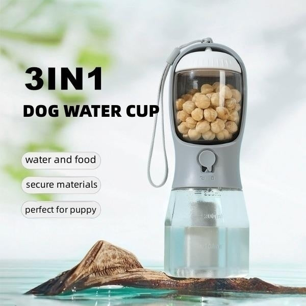 Portable Dog Water Cup – 3-in-1 Pet Travel Bottle with Food Storage & Waste Bags
