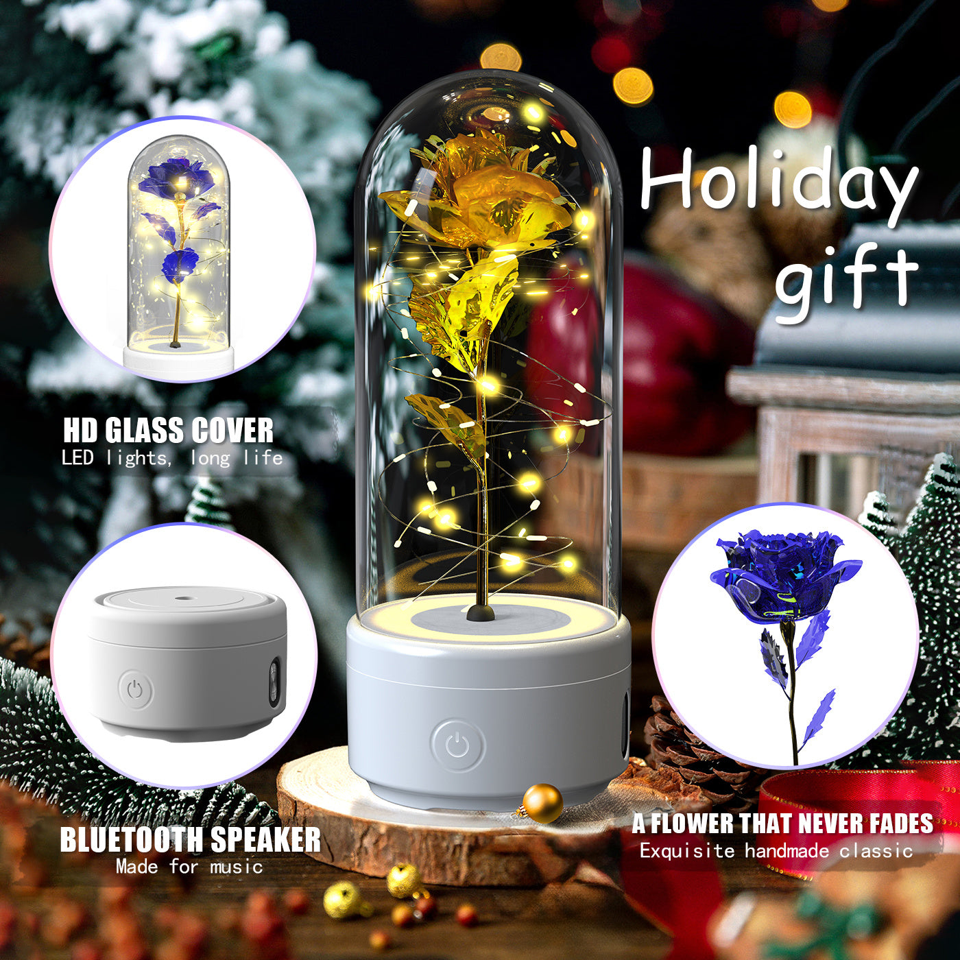 2-in-1 Rose LED Light & Bluetooth Speaker – Romantic Glass-Cover Gift Ornament