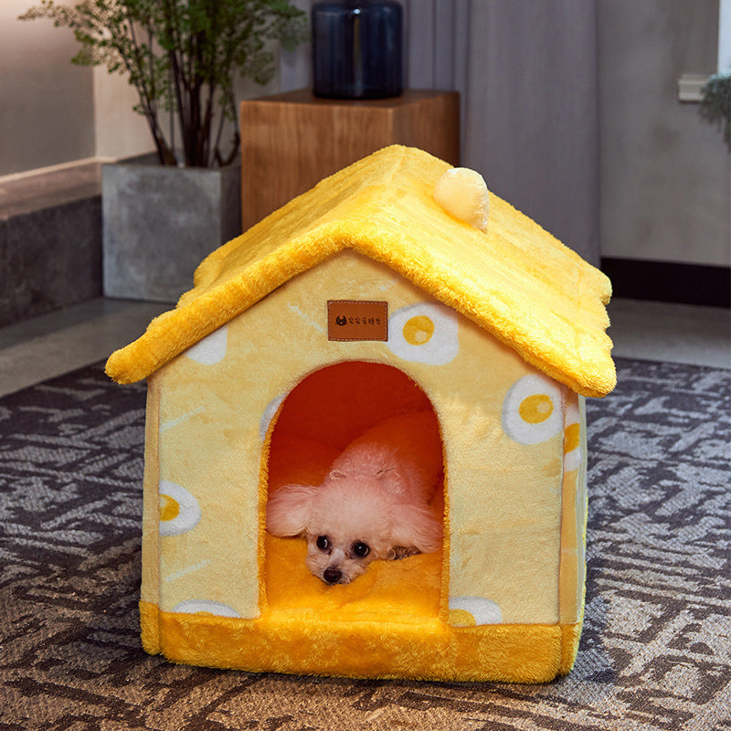 Foldable Pet House – Warm Enclosed Dog & Cat Bed with Removable Cushion