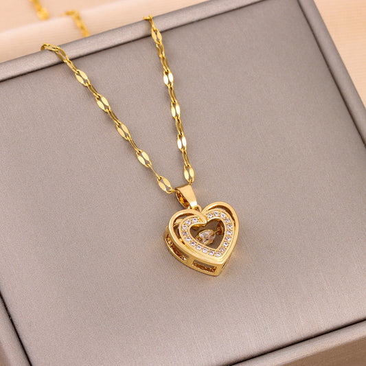 Double-Layer Love Necklace – Rhinestone Titanium Steel Pendant for Women