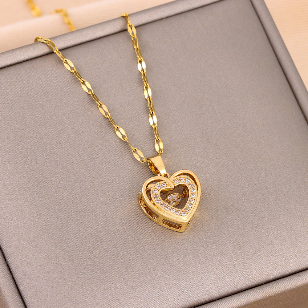 Double-Layer Love Necklace – Rhinestone Titanium Steel Pendant for Women