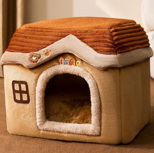 Foldable Pet House – Warm Enclosed Dog & Cat Bed with Removable Cushion